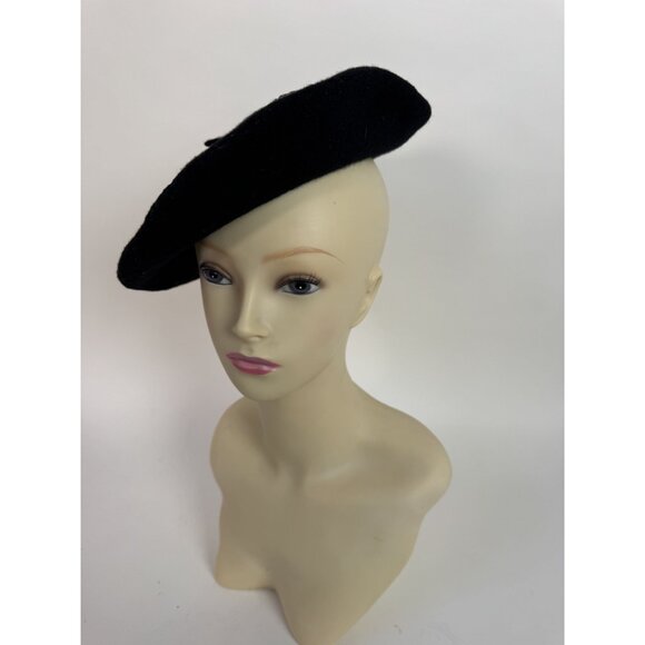 Neiman Marcus Black Wool Beret With Crown & Fleur-De-Lis Pins Made In UK